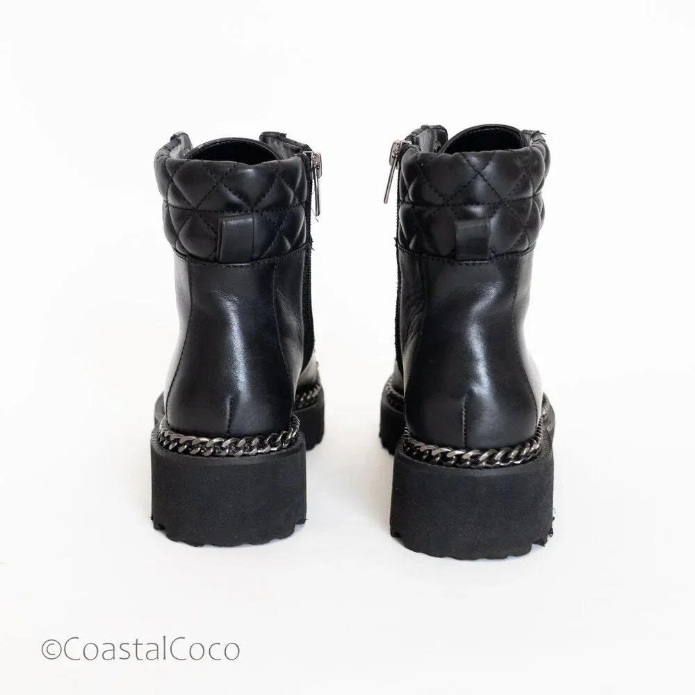 Vince Camuto Merindil Leather Combat Boots 8.5 Black Quilted Metal Chain Chunky - Picture 5 of 13